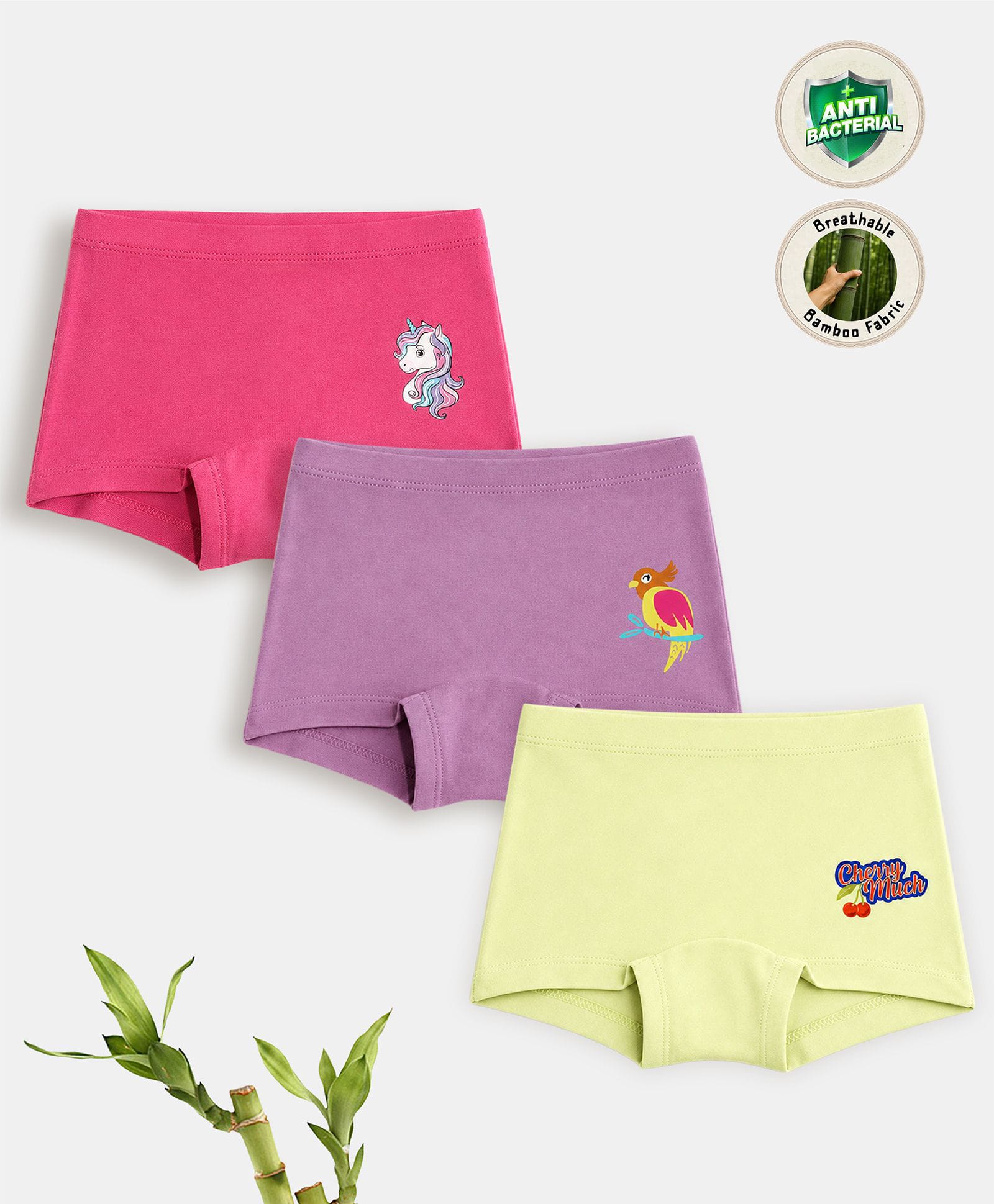 TRESNOVA Viscose Elastane Pack Of 3 Unicorn & Cherry Much Text Printed Boy Shorts - Pink Lavender & Green-picture-31