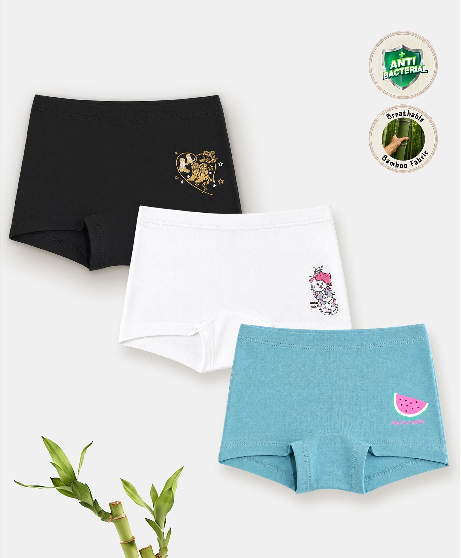 TRESNOVA Viscose Elastane Pack Of 3 Cats & Watermelon Printed Boy Shorts - Black & White-picture-15