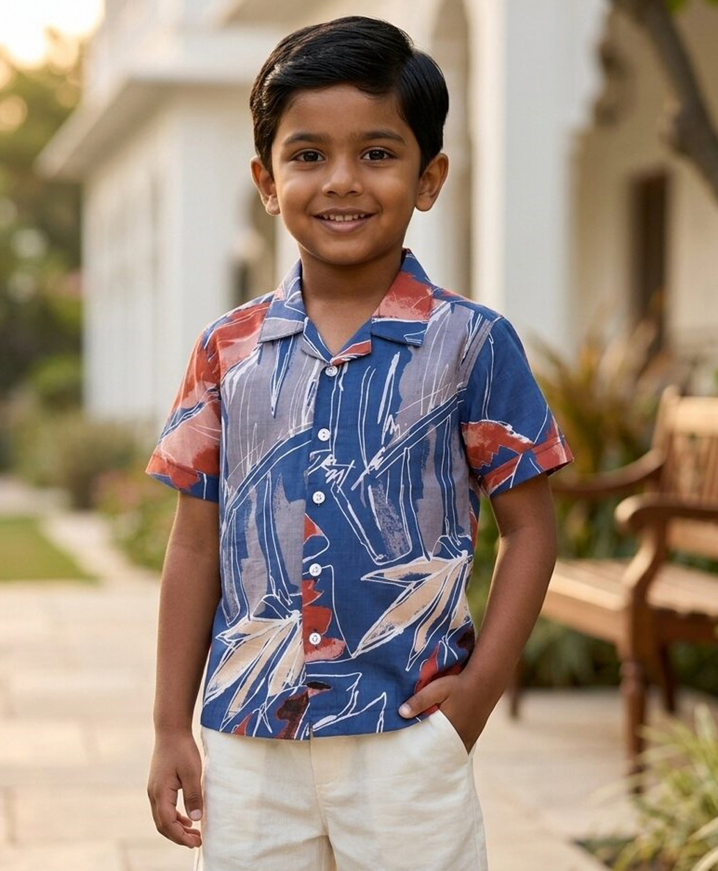 Rikidoos Cotton Woven Shirt with Half Sleeves and Tropical Theme Print - Navy Blue-picture-14