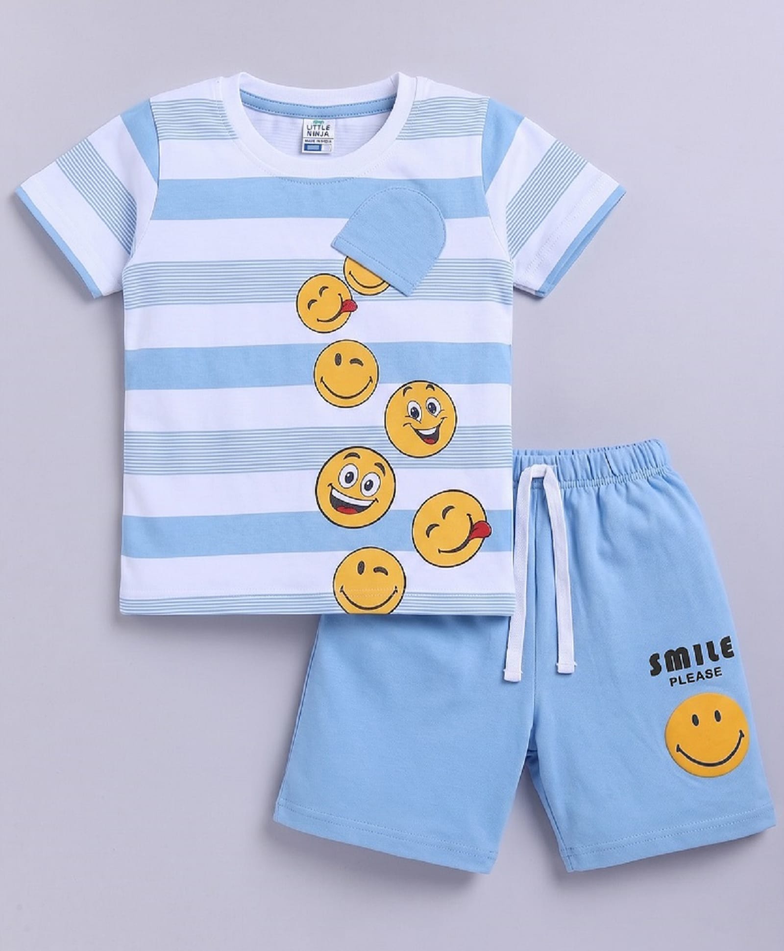 Little Ninja Cotton Knit Half Sleeves Emojis Printed Tee & Shorts Set - Sky Blue-picture-38