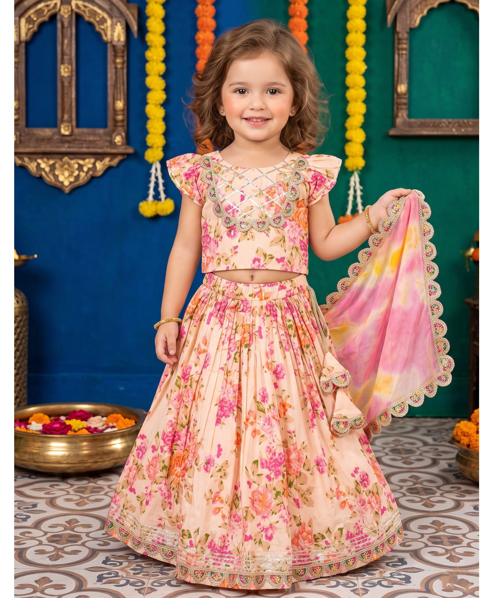 CHAHAK DESIGN Cotton Woven Frill Sleeves Lace & Sequins Embellished Floral Printed Lehenga Choli Set With Dupatta - Cream-image-25