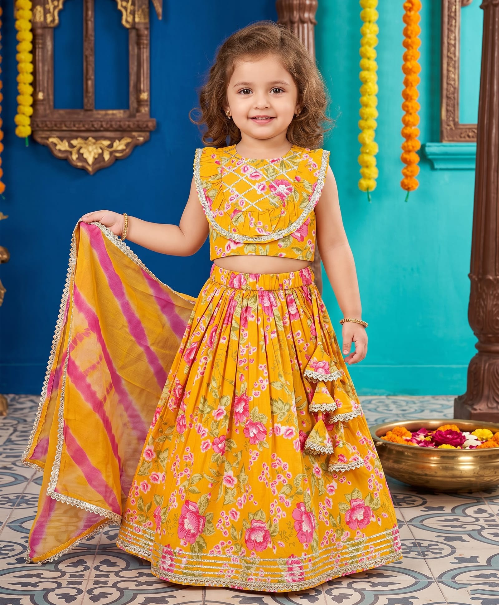 CHAHAK DESIGN Cotton Woven Frill Sleeves Floral Printed Lace Embellished Lehenga Choli Set With Dupatta - Mustard-image-30
