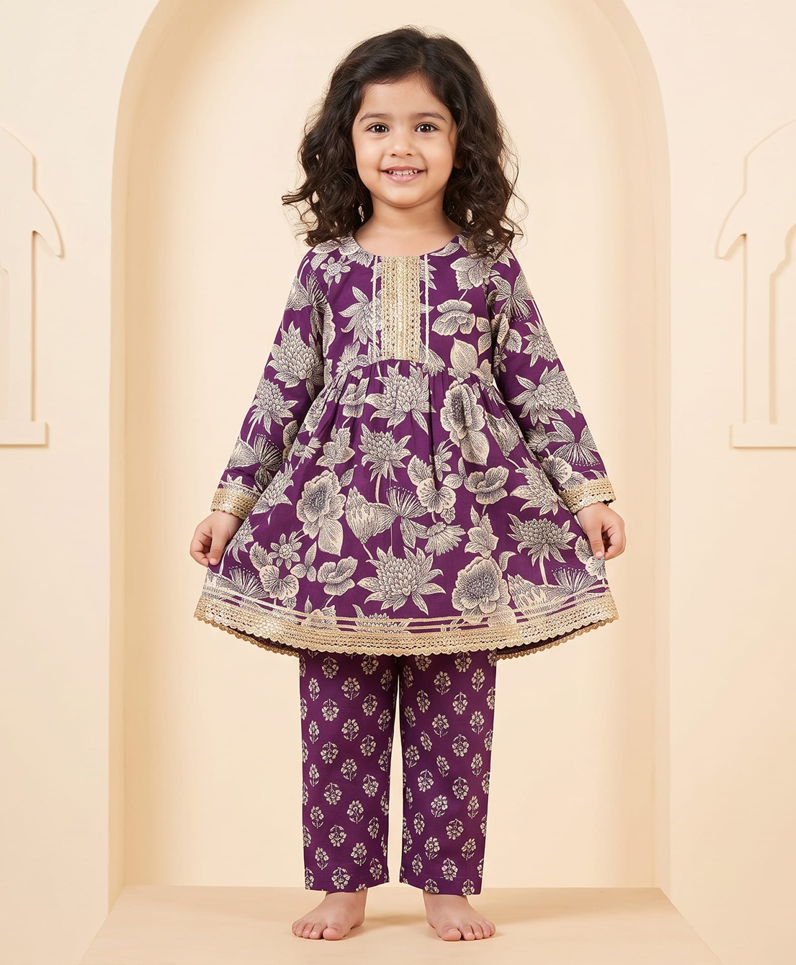 CHAHAK DESIGN Cotton Woven Three Fourth Sleeves Floral Printed Lace Detailed Kurti & Pants Set - Purple-image-26