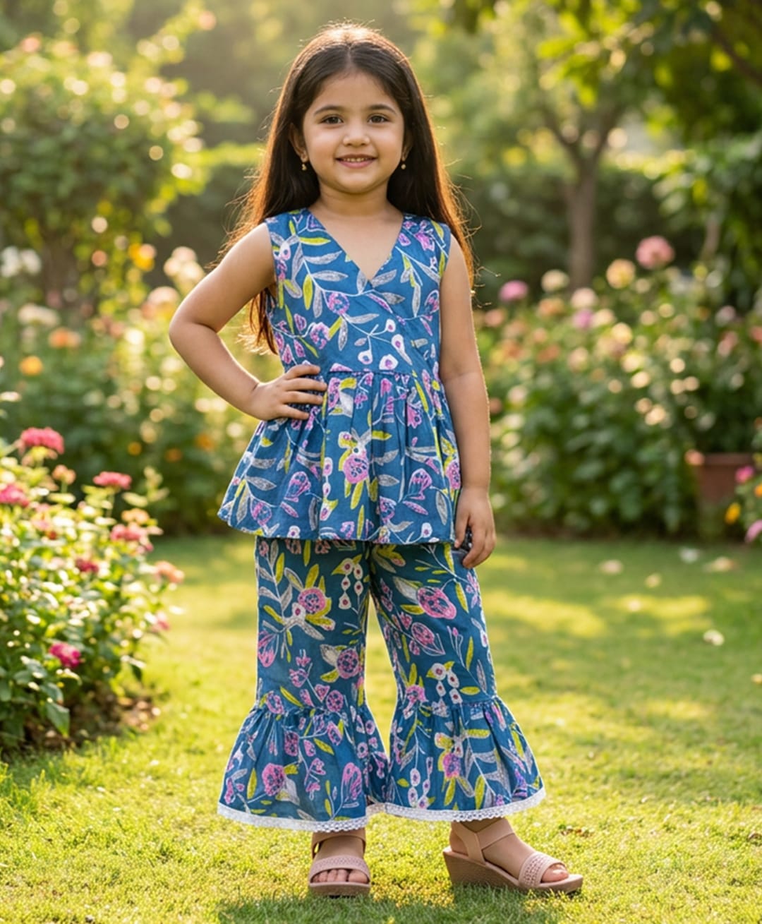 CHAHAK DESIGN Cotton Woven Sleeveless Floral Printed Coordinating Kurti & Sharara Set - Teal Green-image-25