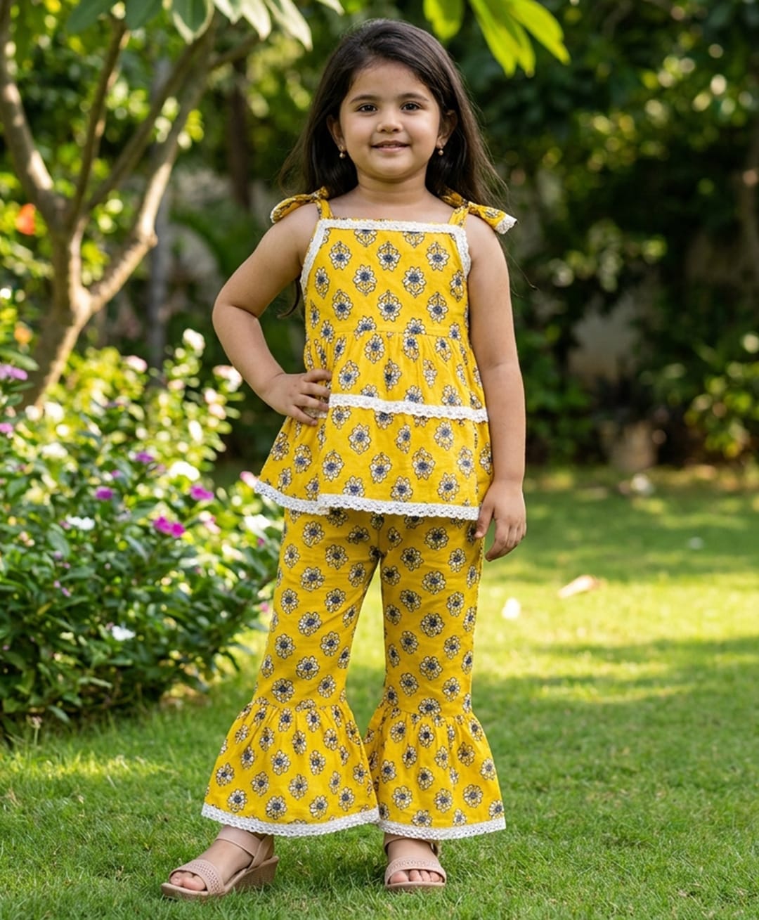 CHAHAK DESIGN Cotton Woven Sleeveless Floral Printed Kurti & Sharara Set - Yellow-image-22