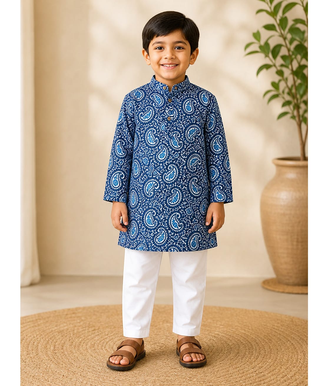 CHAHAK DESIGN Cotton Woven Full Sleeves Paisley Printed Kurta & Pajama - Blue & White-image-37