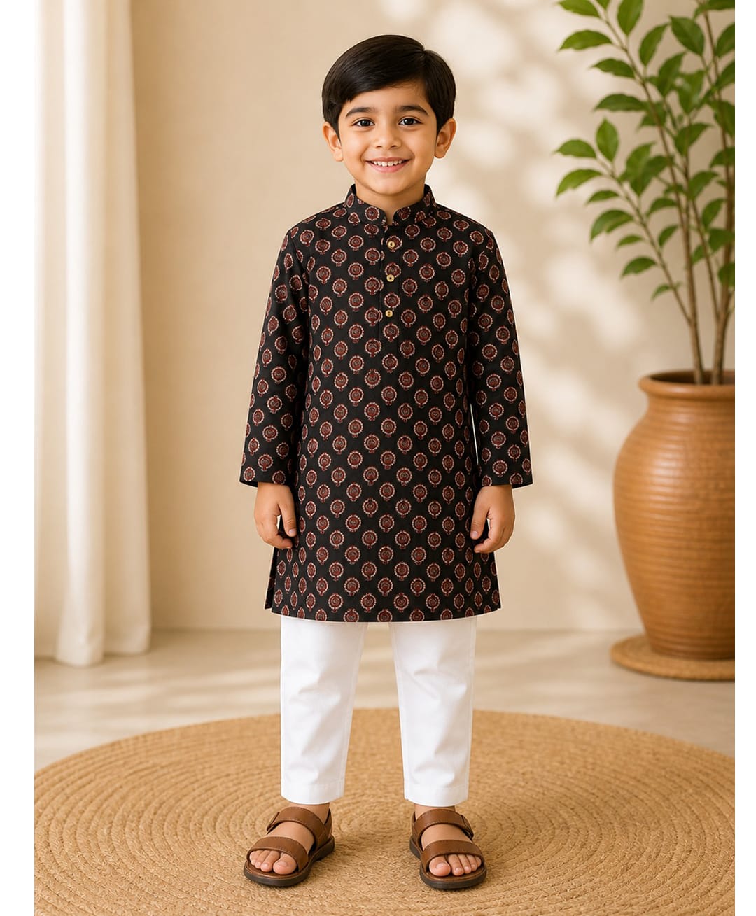 CHAHAK DESIGN Cotton Woven Full Sleeves Ajrakh Printed Kurta & Pajama - Black & White-image-12