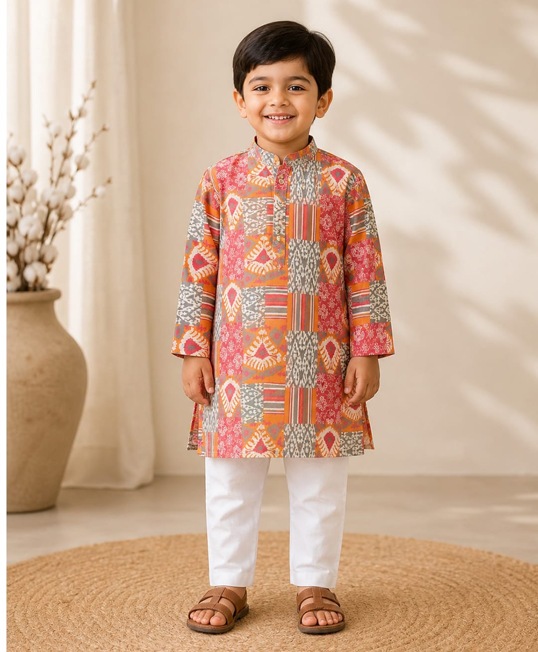 CHAHAK DESIGN Cotton Woven Full Sleeves Motifs Printed Kurta & Pajama - Rust Orange & White-image-24