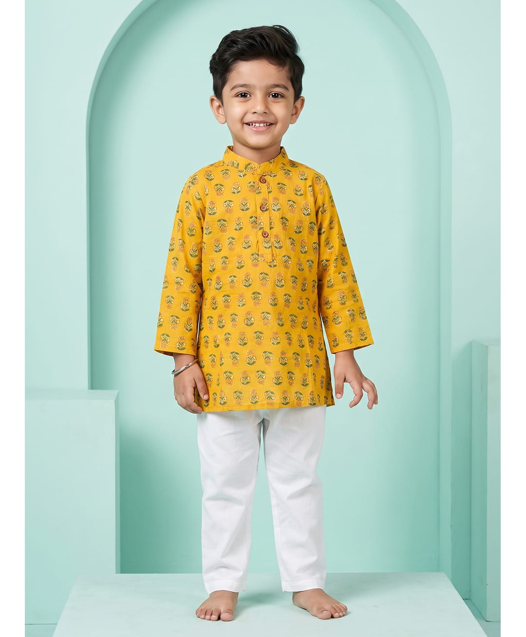 CHAHAK DESIGN Cotton Woven Full Sleeves Floral Printed Kurta & Pajama - Mustard-image-30