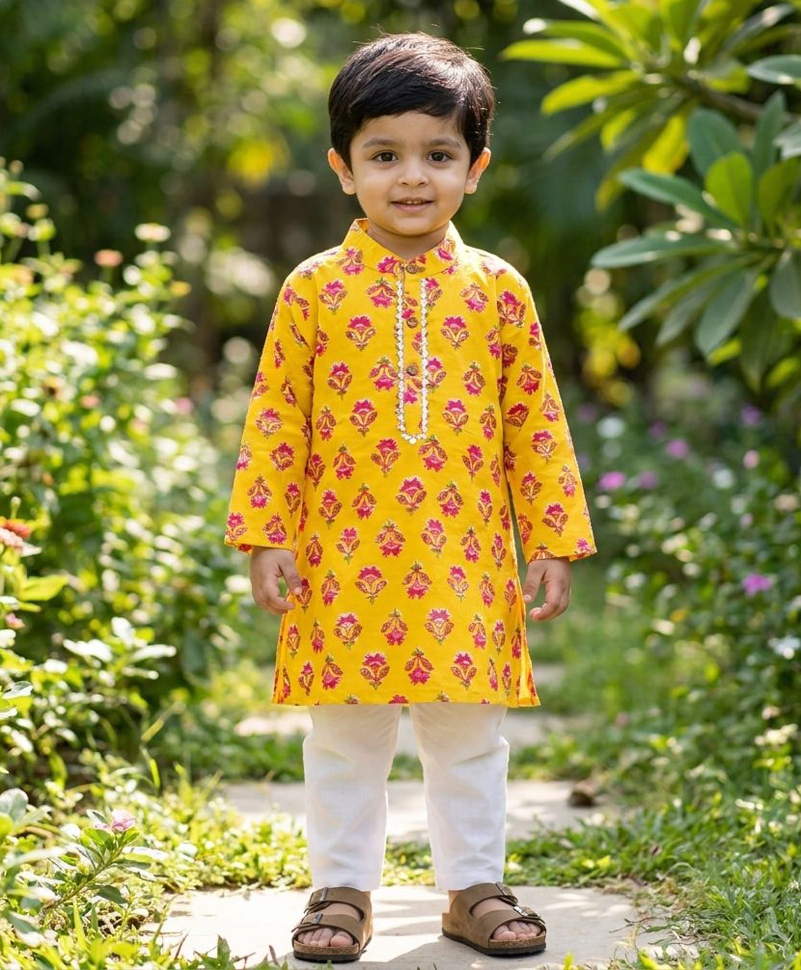 CHAHAK DESIGN Cotton Woven Full Sleeves Floral Printed Kurta Pyjama Set- Yellow & White-picture-18