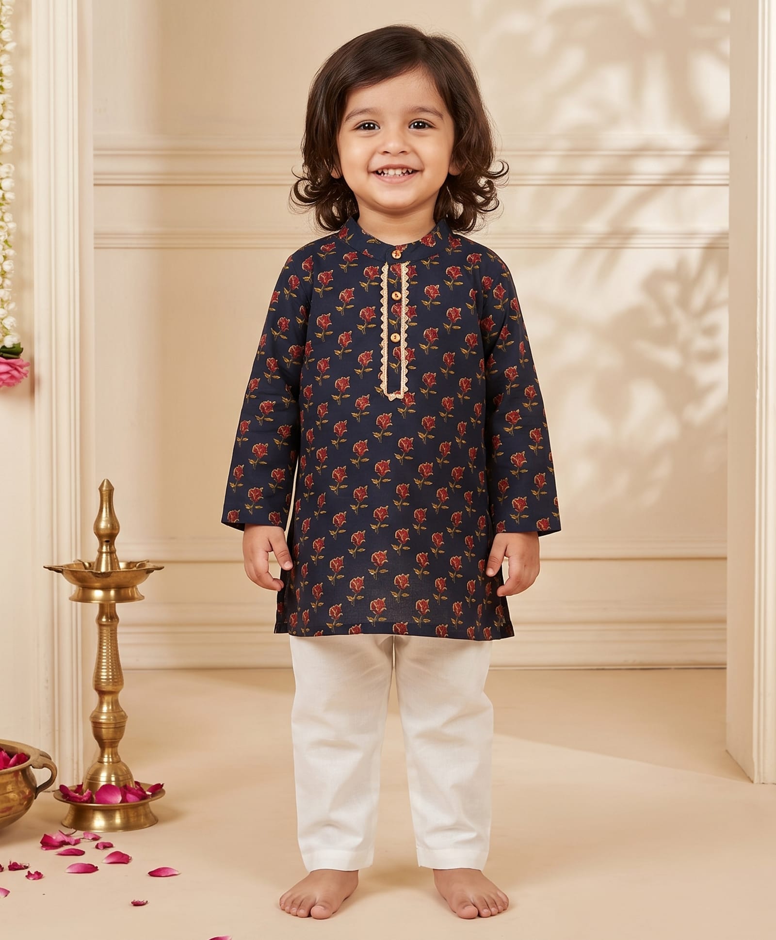 CHAHAK DESIGN Cotton Woven Full Sleeves Floral Ethnic Motifs Printed Lace Detailed Kurta & Pyjama Set - Navy Blue & White-image-24