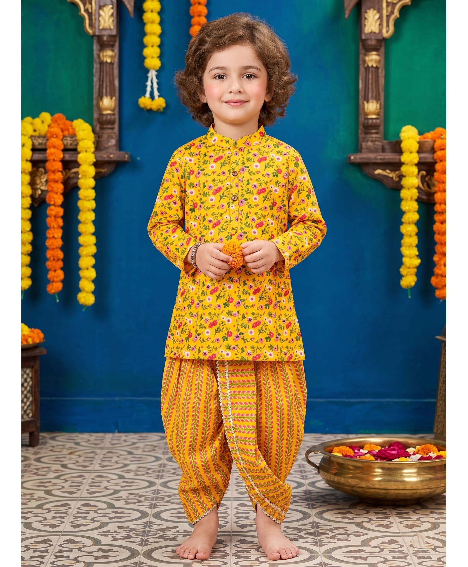 CHAHAK DESIGN Cotton Woven Full Sleeves Floral Printed Kurta & Dhoti Set - Yellow-image-44