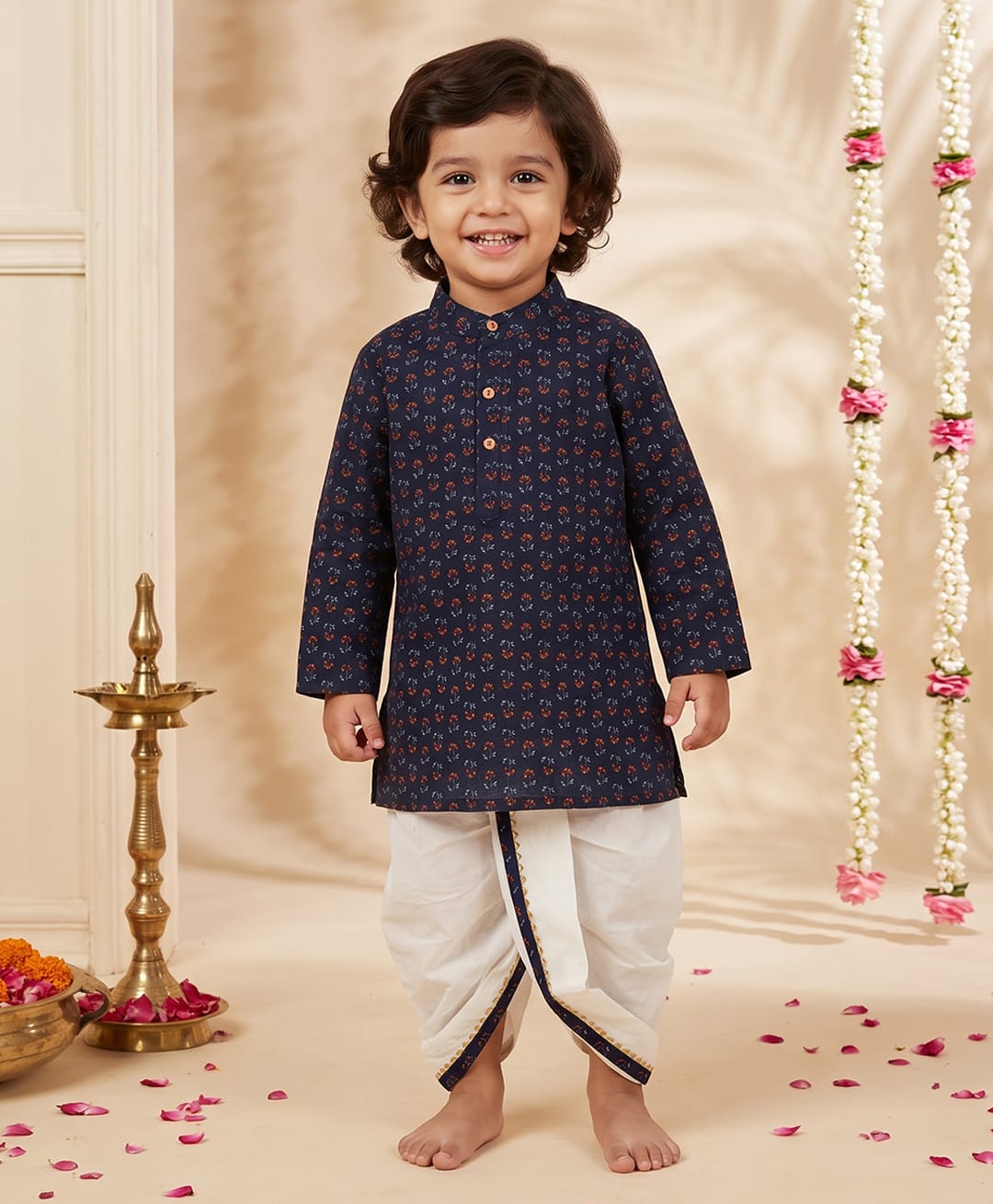 CHAHAK DESIGN Cotton Woven Full Sleeves Floral Printed Kurta & Dhoti Set - Navy Blue & White-image-43