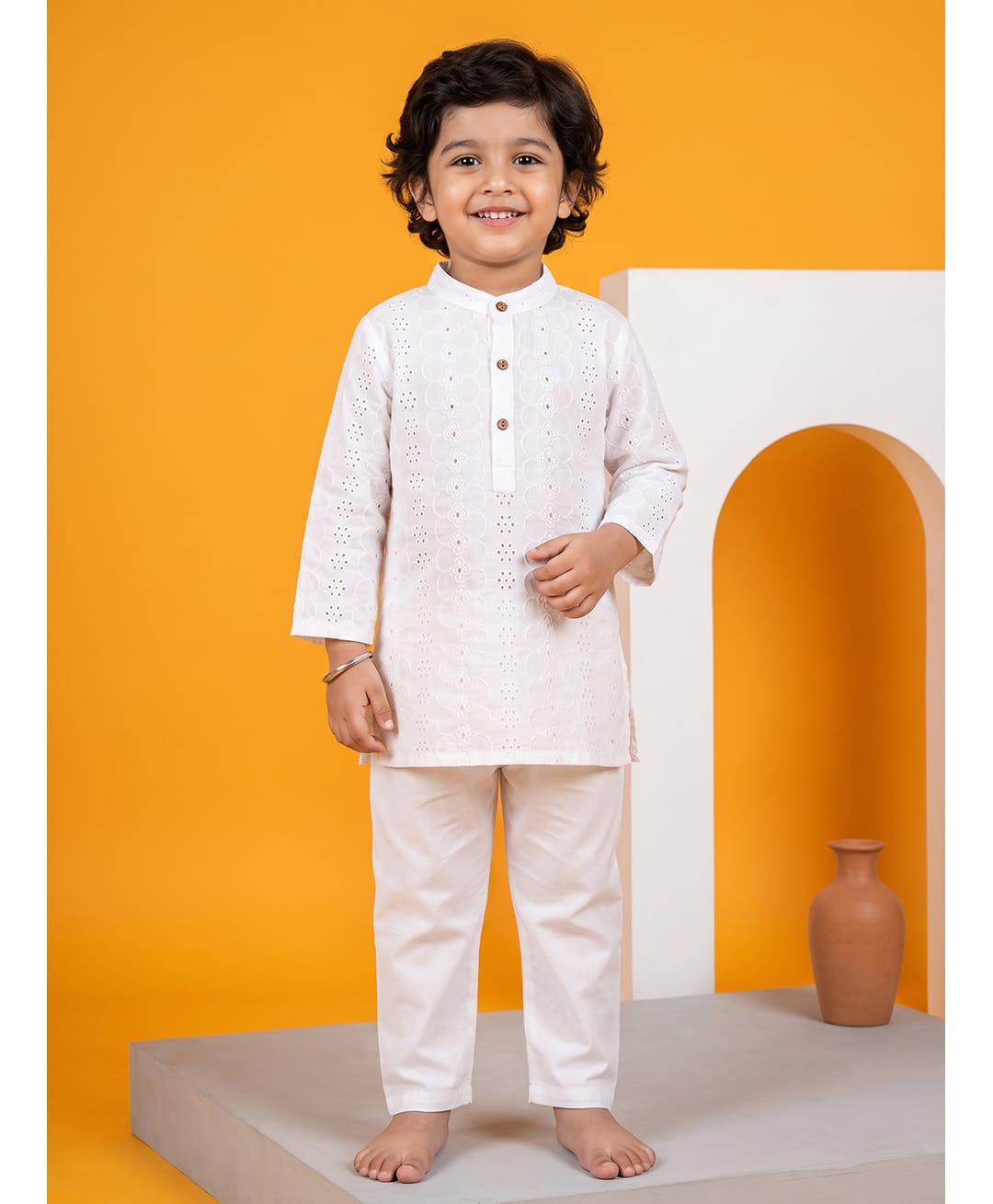 CHAHAK DESIGN Cotton Woven Full Sleeves Schiffli Embroidered Kurta & Pajama - White-image-47