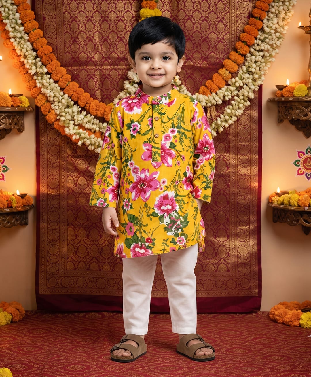 CHAHAK DESIGN Cotton Woven Full Sleeves Floral Printed Kurta & Pajama - Yellow & White-image-43