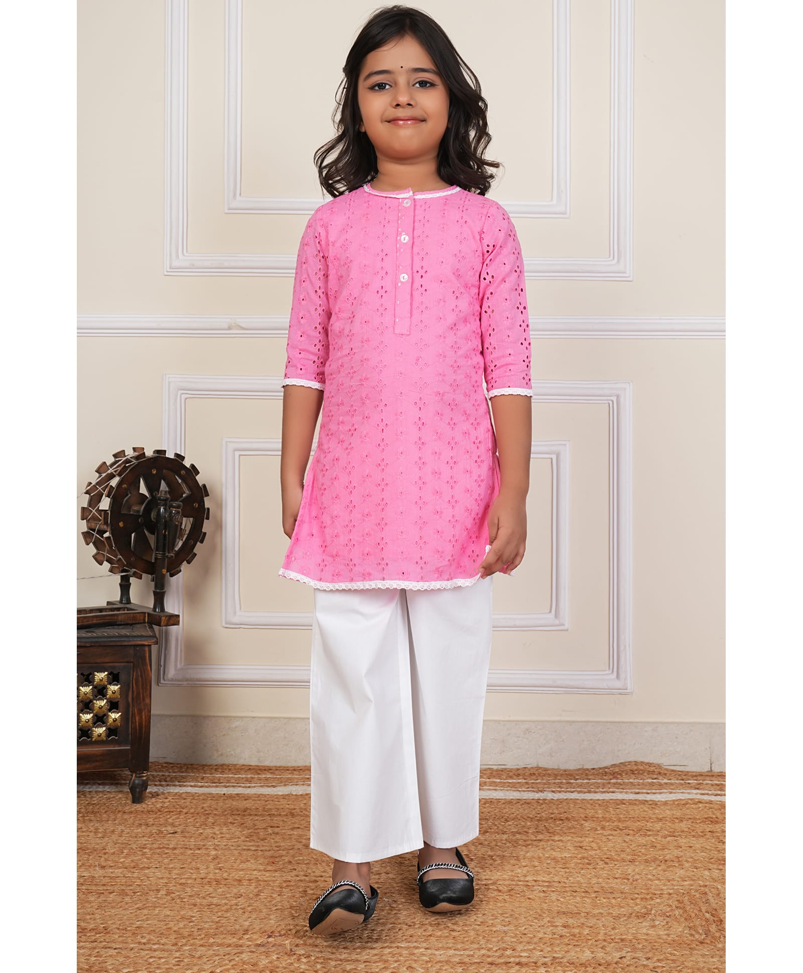 CHAHAK DESIGN Cotton Woven Three Fourth Sleeves Schiffli Embroidered Kurti & Palazzo - Baby Pink & White-image-10