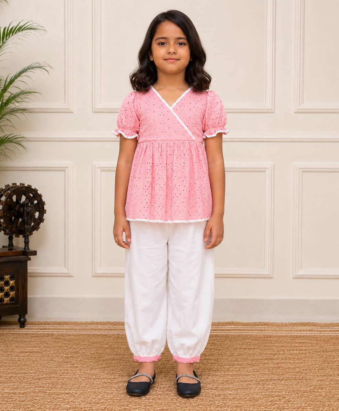 CHAHAK DESIGN Cotton Woven Half Puffed Sleeves Schiffli Embroidered Lace Detailed Kurti & Salwar Set - Peach & White-image-46