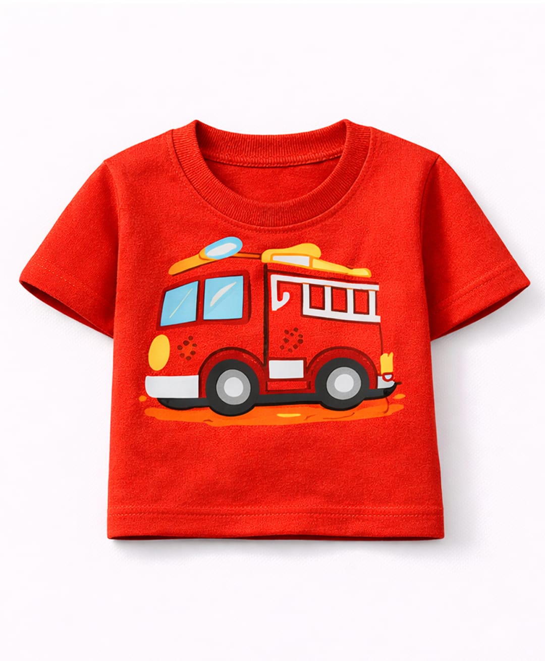 MIMISKU Cotton Blend Knit Half Sleeves Fire Truck Printed Tee - Red-image-2