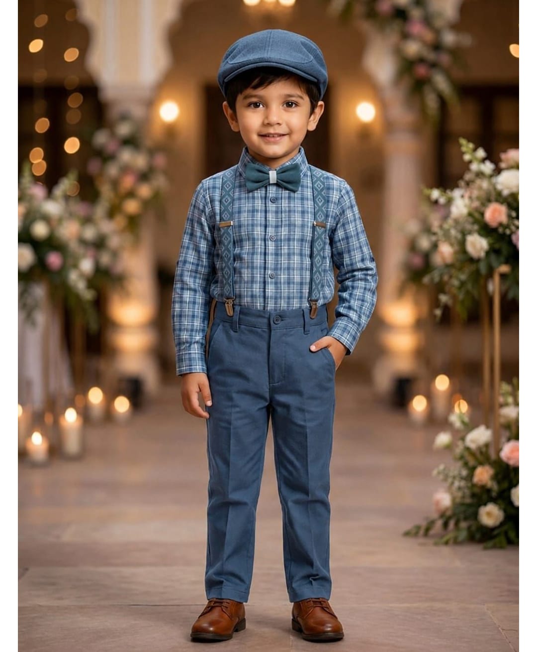 Rikidoos Cotton Woven Full Sleeves 2 Piece Checked Printed Party Shirt & Trouser Set With Bow, Suspender and Cap - Blue-picture-21