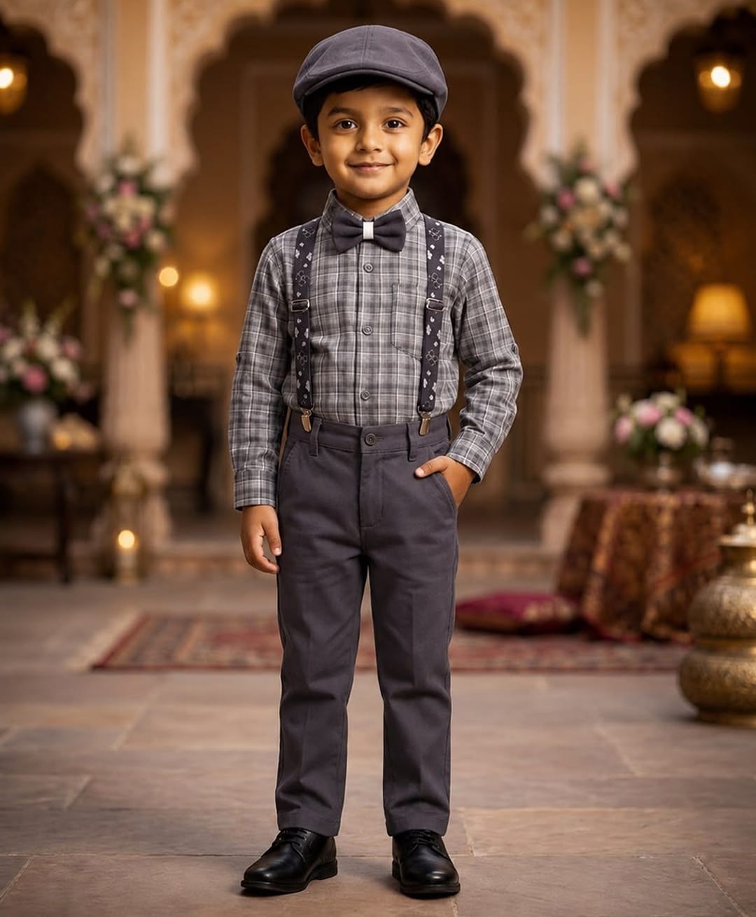 Rikidoos Cotton Woven Full Sleeves 2 Piece Checked Printed Party Shirt & Trouser Set With Bow, Suspender and Cap - Purple-picture-17