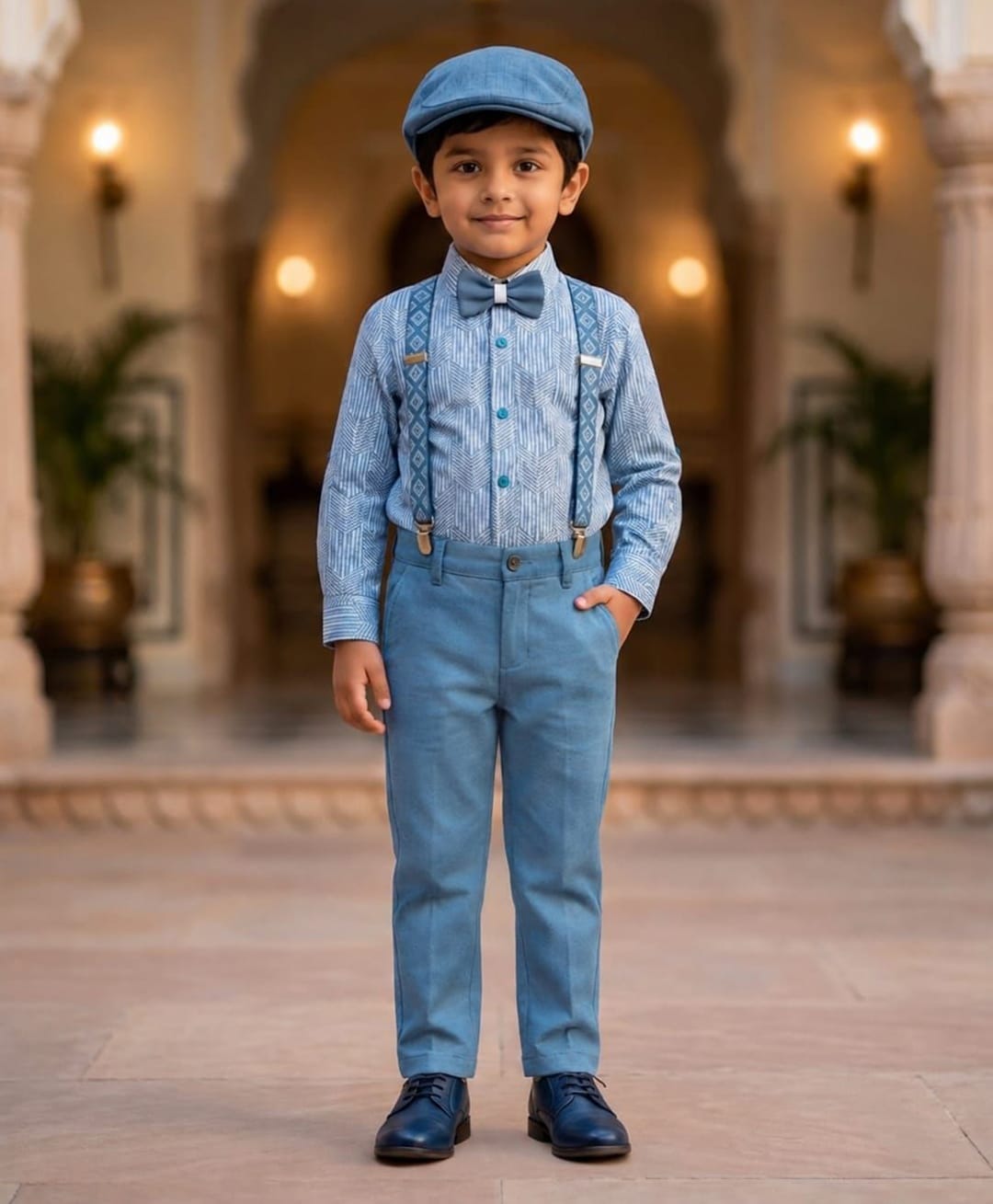 Rikidoos Cotton Woven Full Sleeves 2 Piece Abstract Printed Party Shirt & Trouser Set With Bow, Suspender and Cap - Blue-picture-36