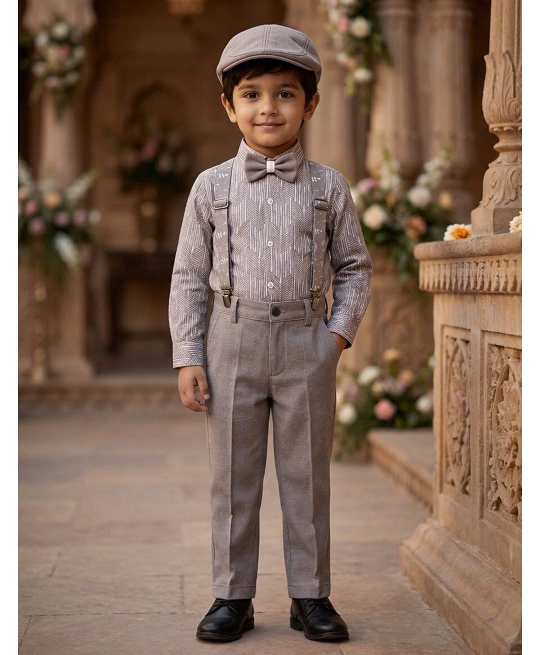 Rikidoos Cotton Woven Full Sleeves 2 Piece Abstract Printed Party Shirt & Trouser Set With Bow, Suspender and Cap - Light Grey-picture-11