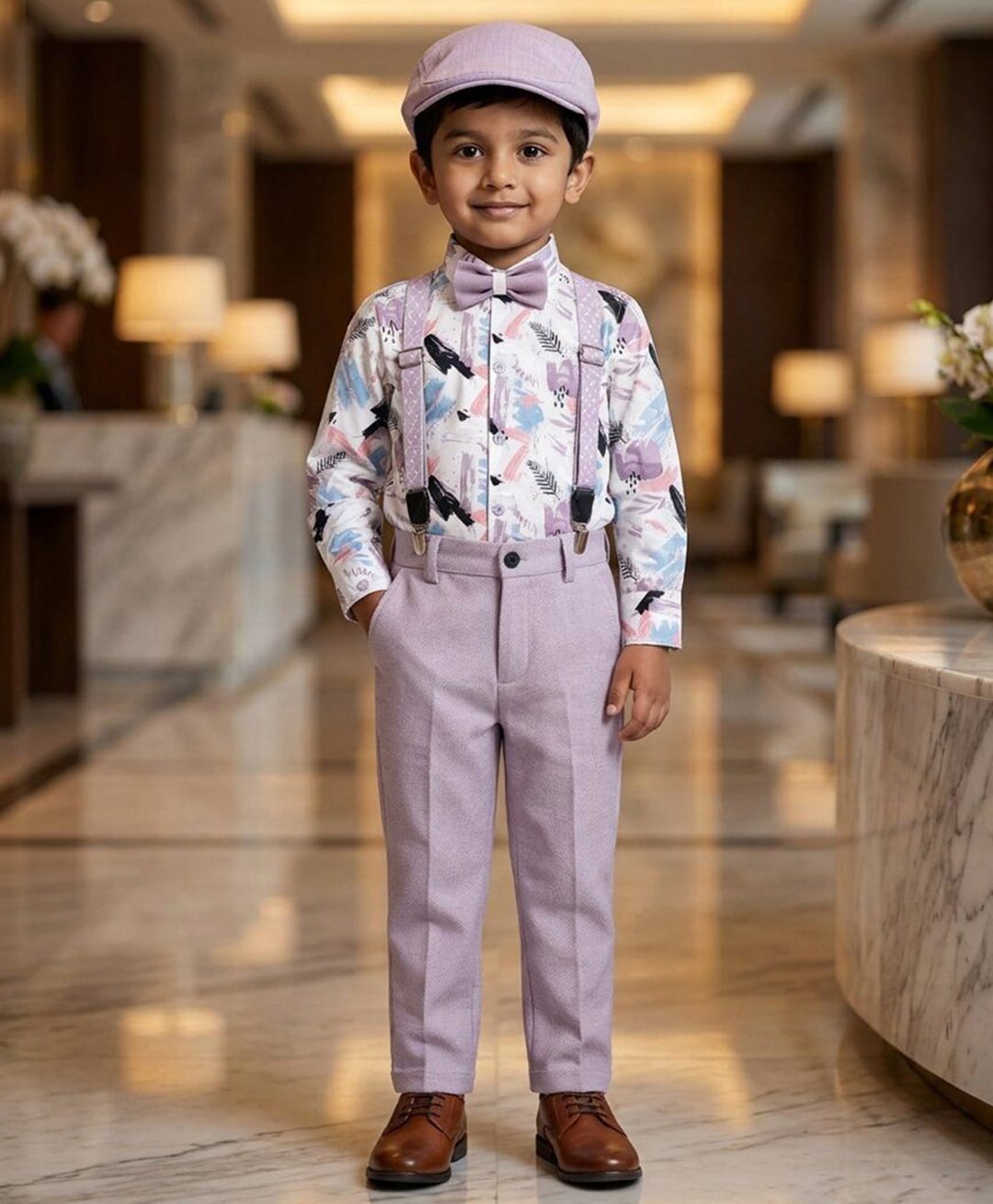 Rikidoos Cotton Woven Full Sleeves 2 Piece Abstract Printed Party Shirt & Trouser Set With Bow, Suspender and Cap - White & Pink-picture-5