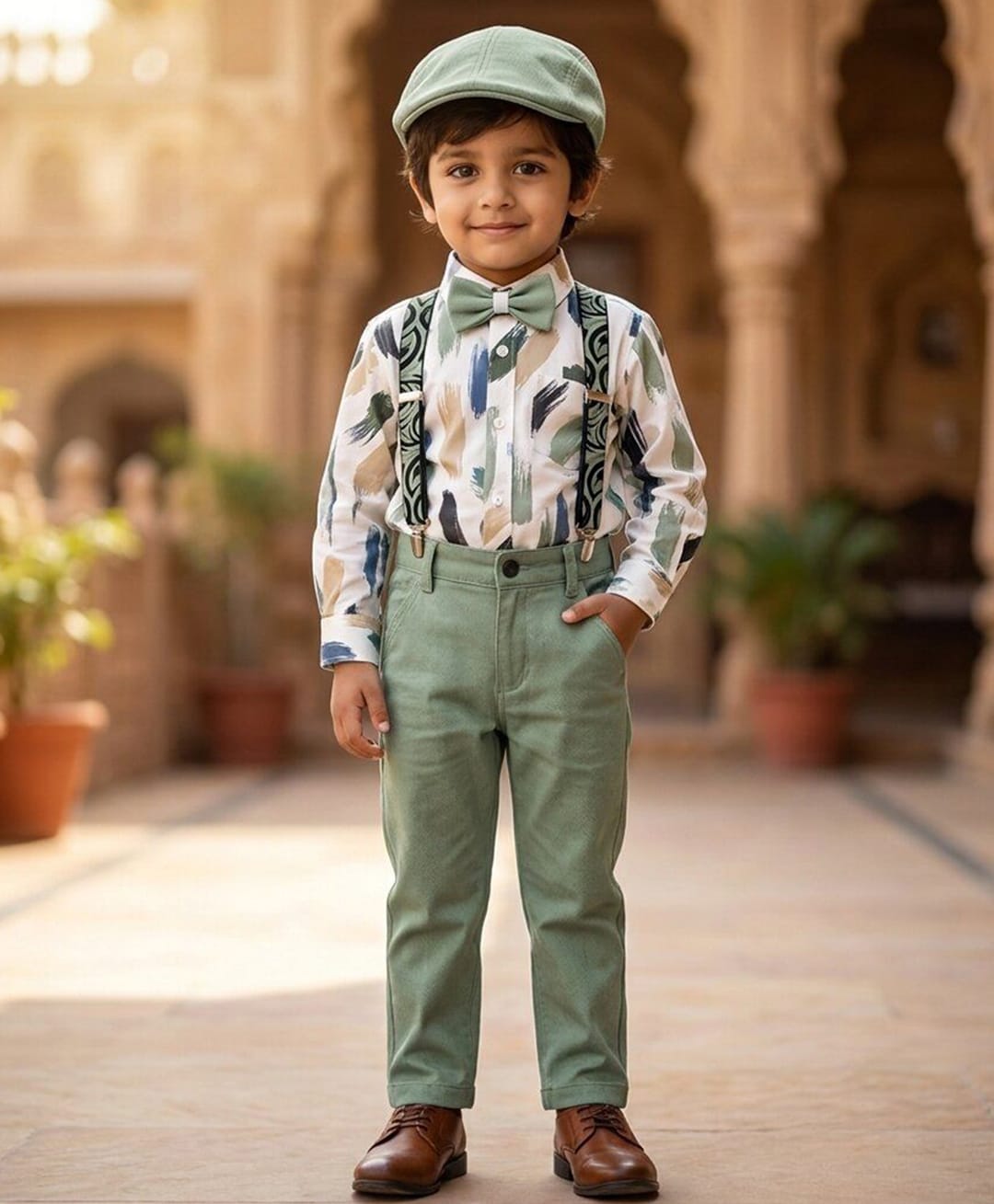Rikidoos Cotton Woven Full Sleeves 2 Piece Abstract Printed Party Shirt & Trouser Set With Bow, Suspender and Cap - White & Light Green-picture-32