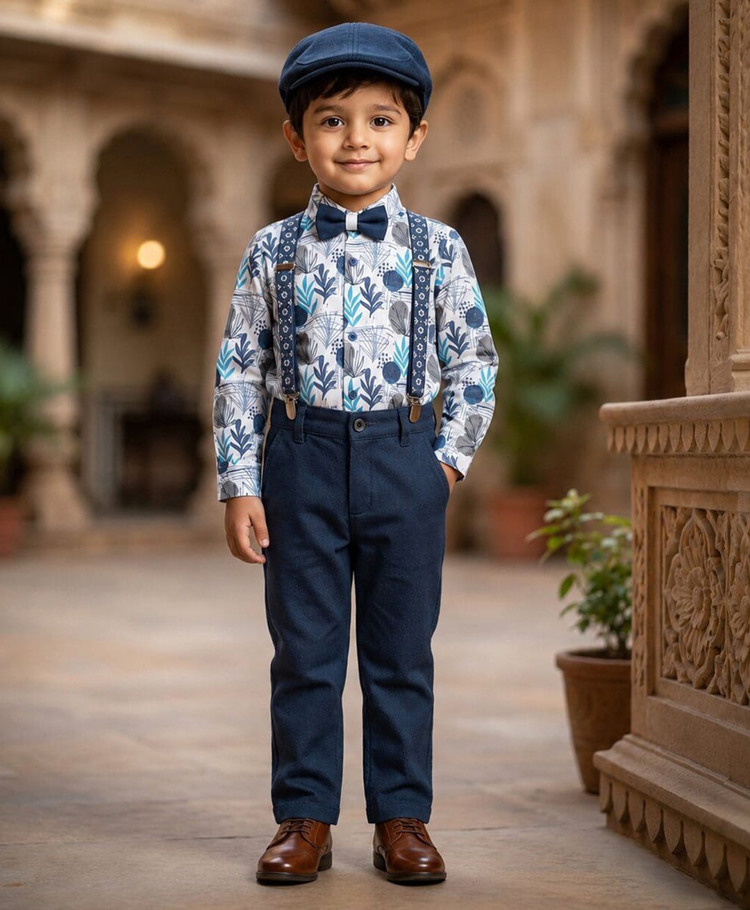 Rikidoos Cotton Woven Full Sleeves 2 Piece Leaf Printed Party Shirt & Trouser Set With Bow, Suspender and Cap - White & Blue-picture-43