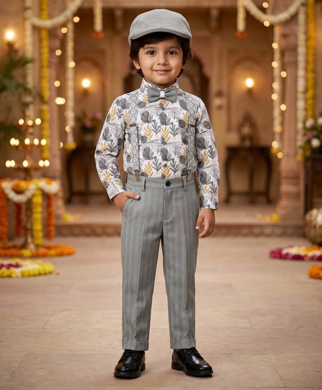 Rikidoos 2 Pc Set Full Sleeve Shirt With Pant & Suspender With Cap & Bow-White/Olive-2-Cotto n-(2 to 3 Years)-image-44