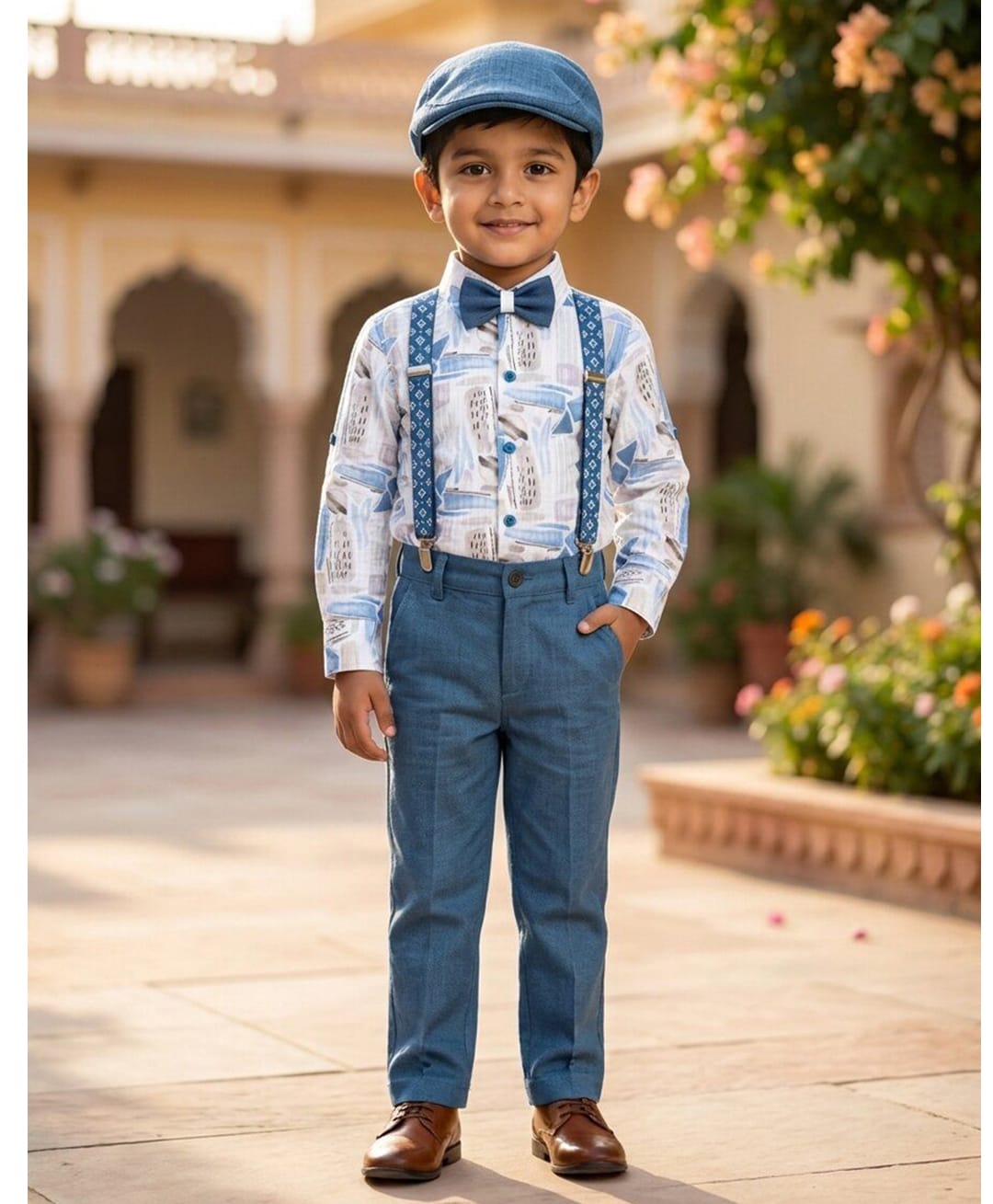Rikidoos Cotton Woven Full Sleeves 2 Piece Abstract Printed Party Shirt & Trouser Set With Bow, Suspender and Cap - White & Teal Blue-picture-1