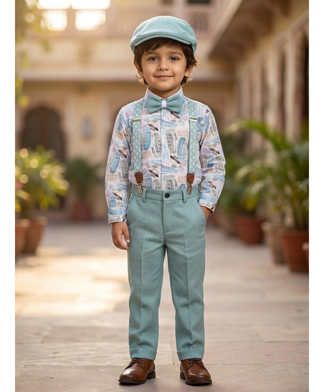 Rikidoos Cotton Woven Full Sleeves 2 Piece Abstract Printed Party Shirt & Trouser Set With Bow, Suspender and Cap - White & Sea Green-image-45