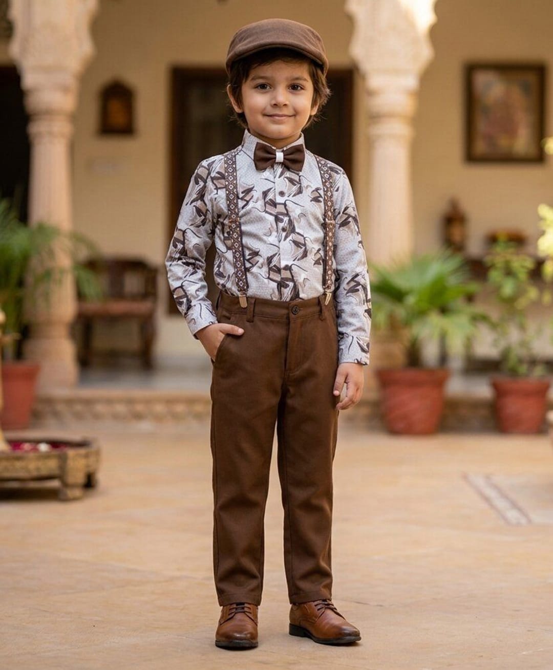Rikidoos Cotton Woven Full Sleeves 2 Piece Printed Party Shirt & Trouser Set With Bow, Suspender and Cap - White & Brown-picture-41