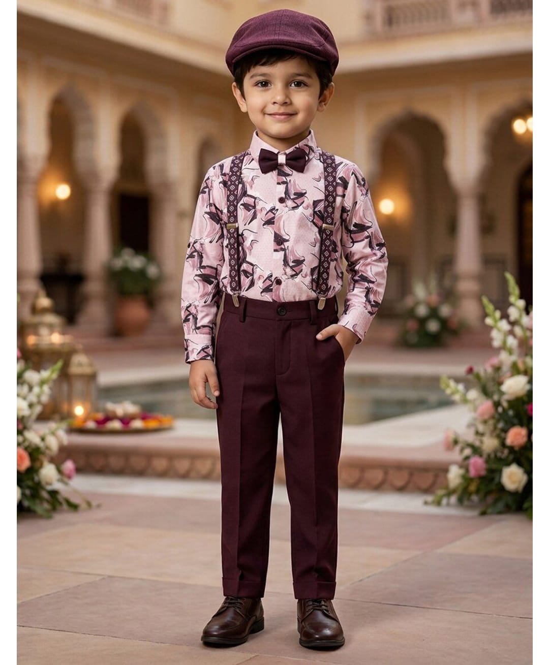 Rikidoos Cotton Woven Full Sleeves 2 Piece Printed Party Shirt & Trouser Set With Bow, Suspender and Cap - White & Wine-picture-15