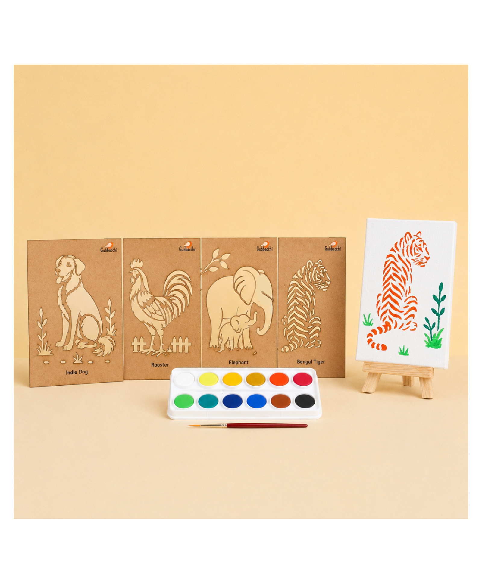 GUBBACHHI Animal Stencil Art & Craft Kit for Kids | Bengal Tiger, Indian Elephant, Indie Dog & Rooster MDF Stencils with Paints, Canvas Board & Easel | Creative Art & Craft Kit-image-11