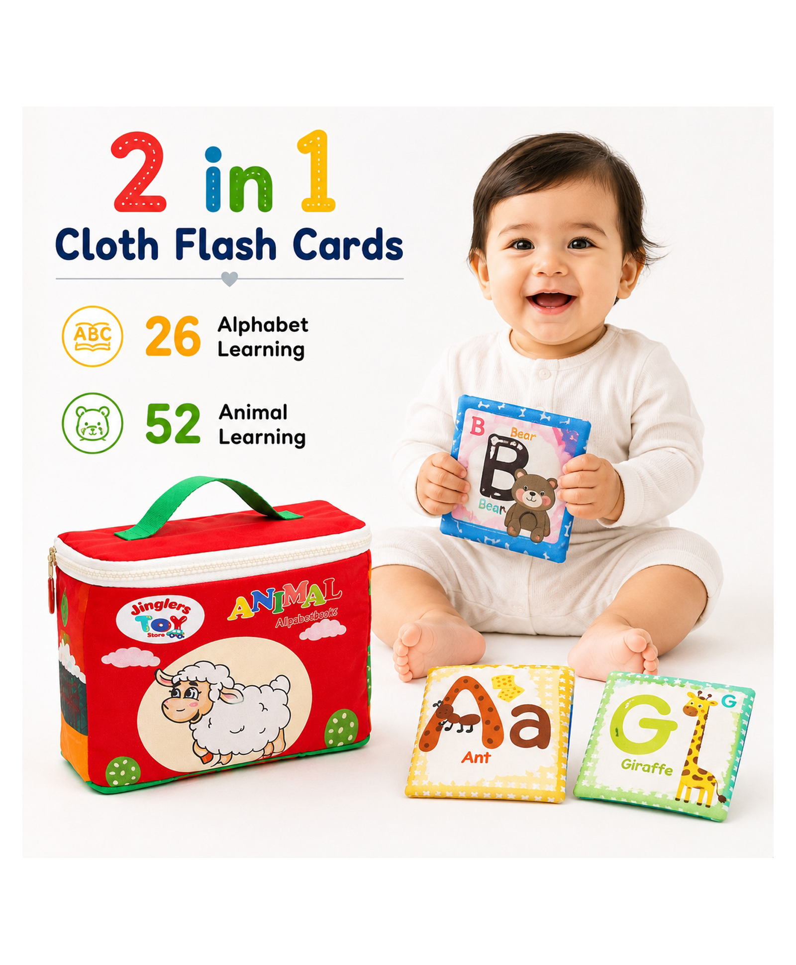 Jinglers 16cm Multi-Feature Alphabet Animal Flash Cards for 1 Year Boy & Girls, Educational Learning Toys Games for 1 Year Old, 1st Birthday Gift ABCD Educational Toys for 2+ Year, Cloth-image-40
