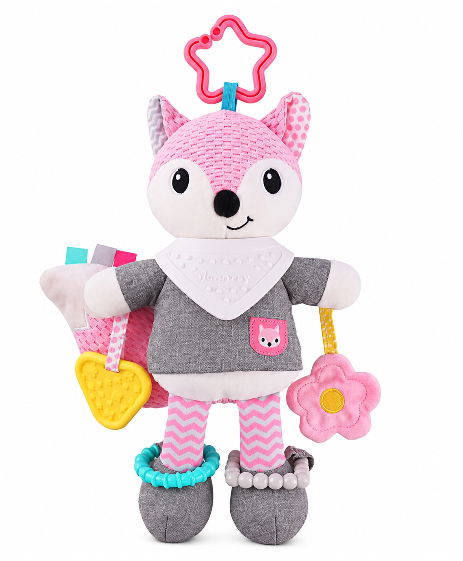 Jinglers 28cm Multi-Feature Fox Hanging Rattle Toy for Babies, Tummy Time Toys for 6 Month Old Baby Boy, Teether, Crinkle & Rattle | Stroller, Crib & Car Seat Activity Toy | Soft Fabric-picture-10