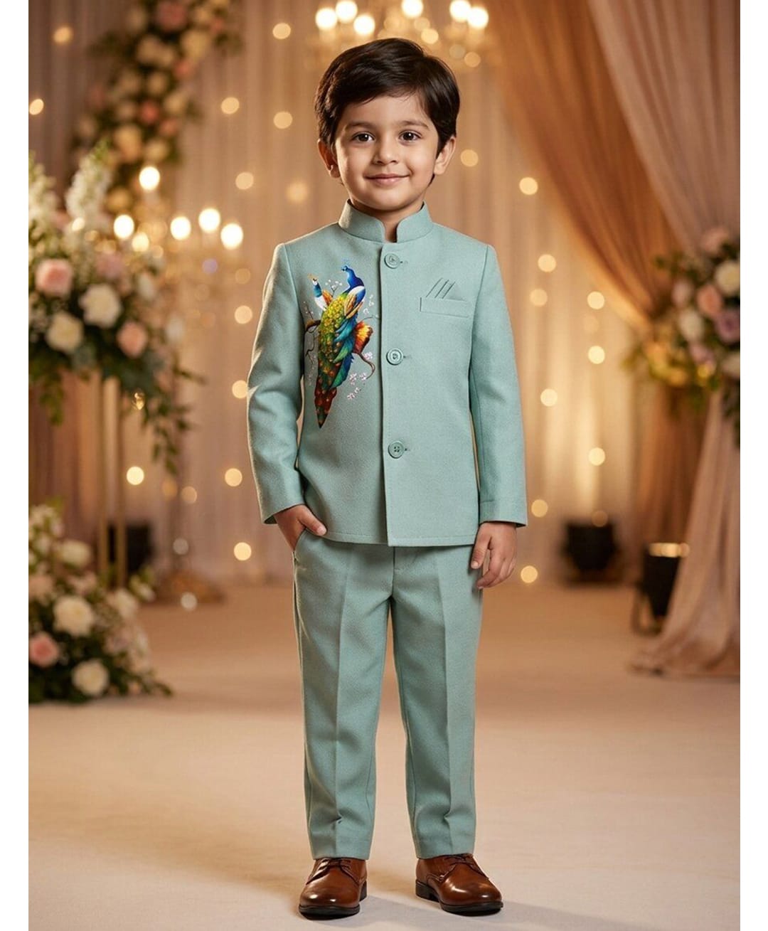 Rikidoos Cotton Woven Full Sleeve Peacock Printed Jodhapuri Pocket Square Detailing Coat With Pant - Sea Green-picture-10