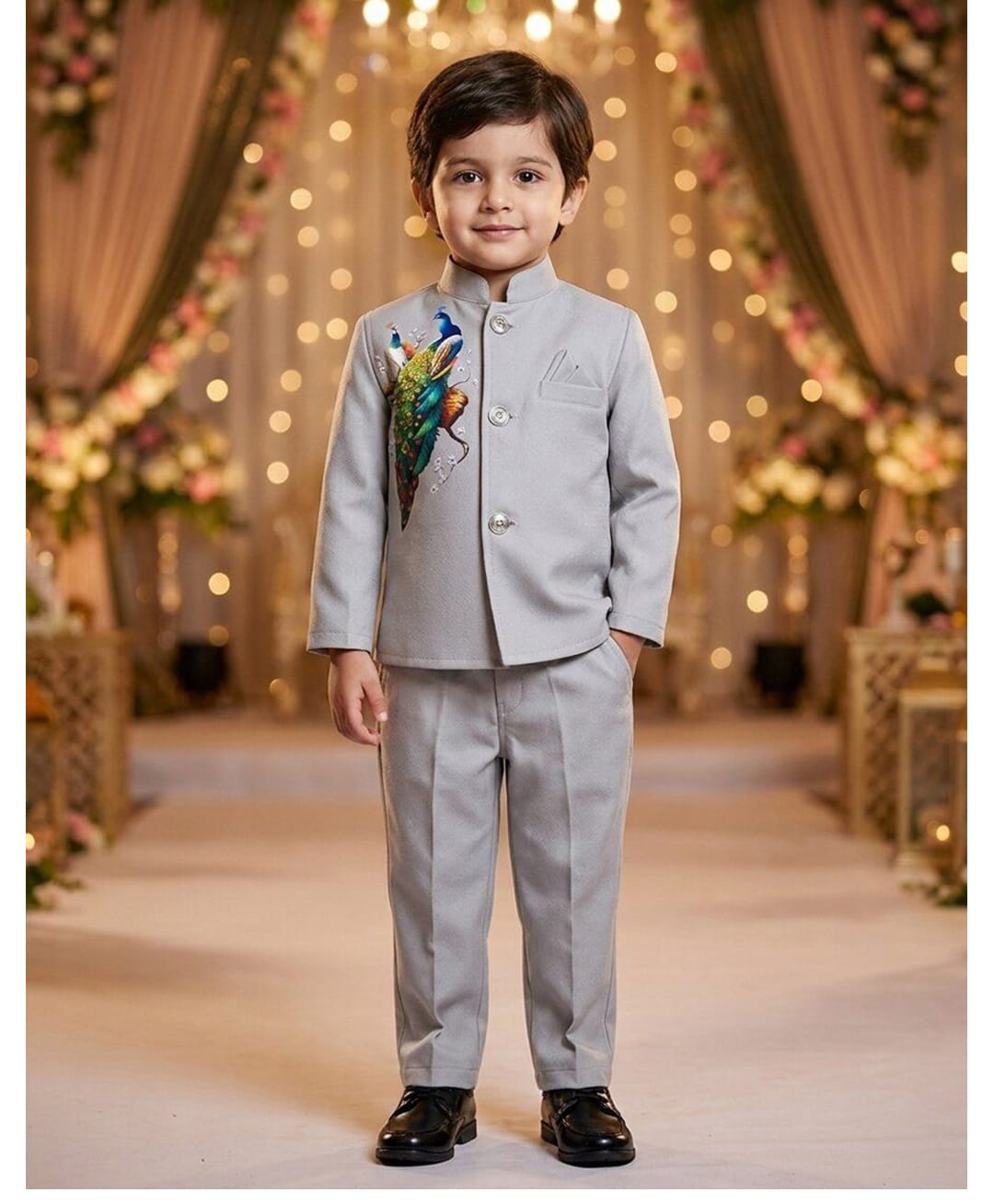 Rikidoos Cotton Woven Full Sleeve Peacock Printed Jodhapuri Pocket Square Detailing Coat With Pant - Grey-picture-13