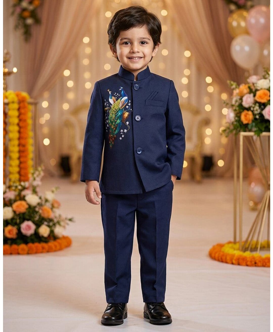 Rikidoos Cotton Woven Full Sleeve Peacock Printed Jodhapuri Pocket Square Detailing Coat With Pant - Navy Blue-picture-12