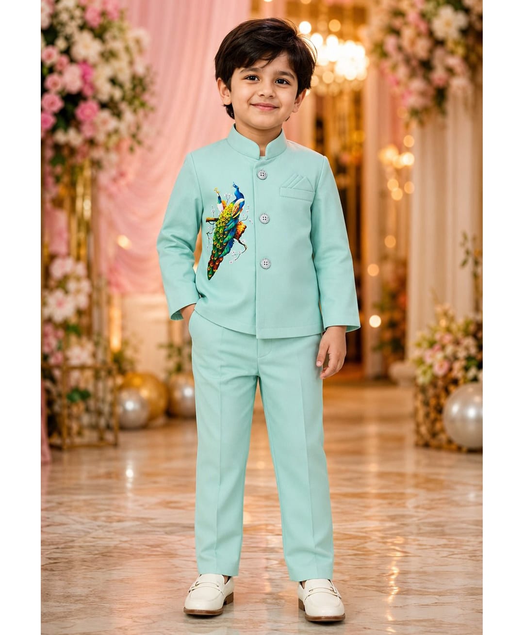 Rikidoos Cotton Woven Full Sleeve Peacock Printed Jodhapuri Pocket Square Detailing Coat With Pant - Sea Green-picture-16