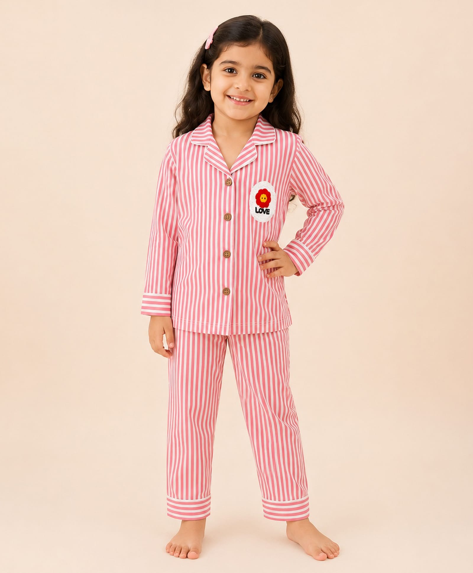 TIPPY TOP Pure Cotton Woven Full Sleeves Floral Patch Detailed & Striped Coordinating Shirt & Pant Set - Red-image-33