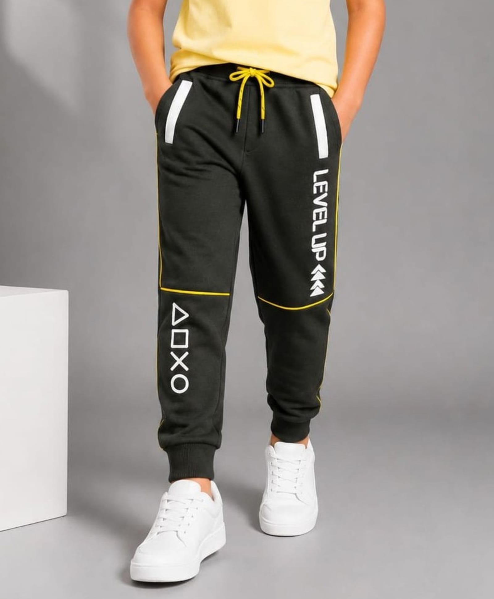 Nino Togs Cotton Looper Knit Level Up Text Printed Joggers - Olive-picture-19