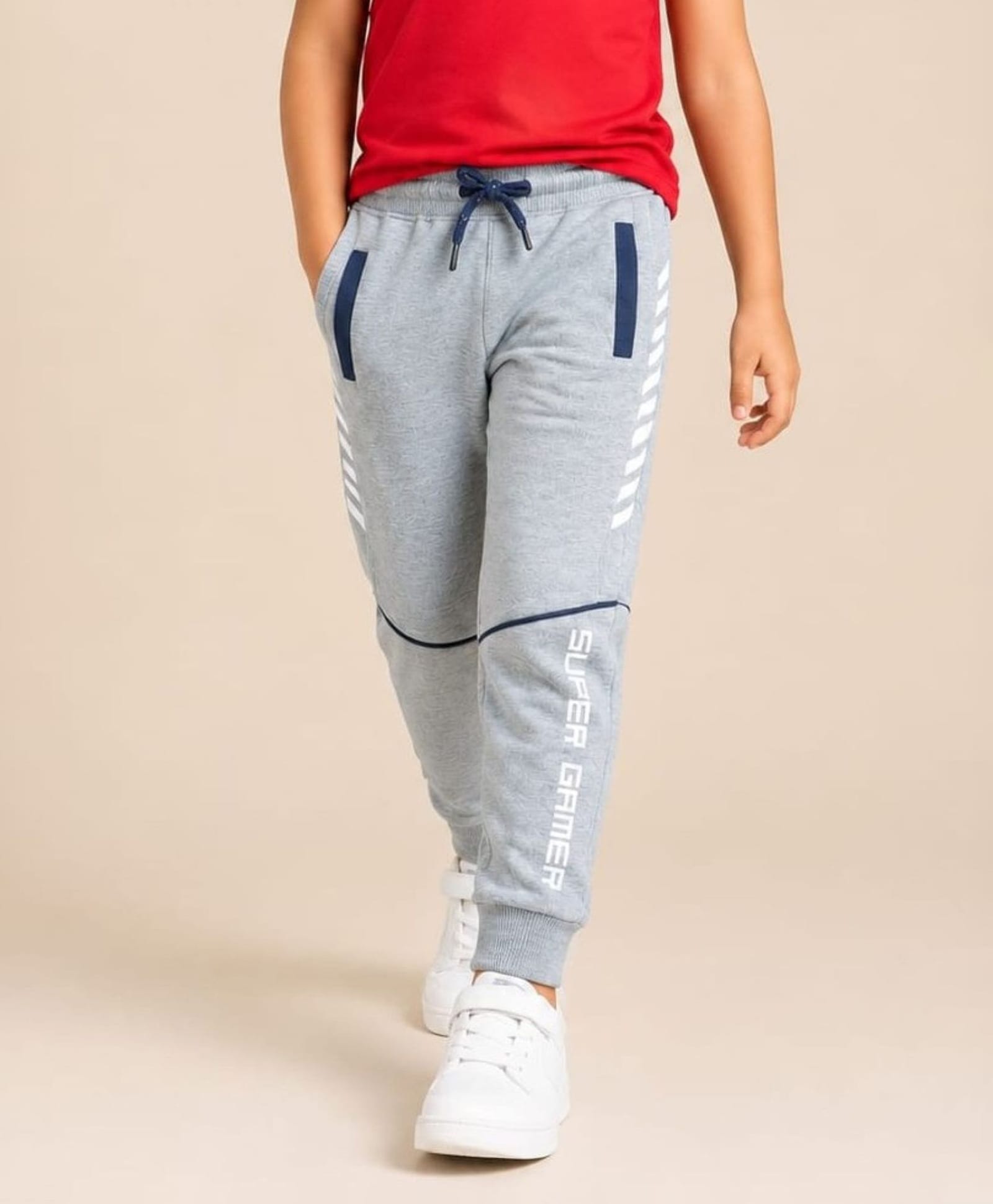 Nino Togs Cotton Looper Knit Super Gamer Text Printed Joggers - Grey-picture-13