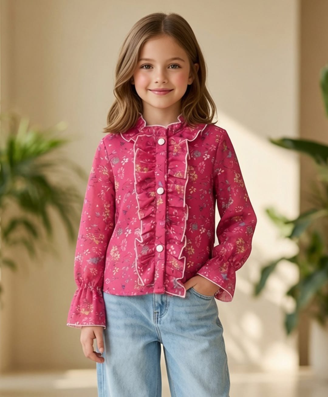 Cutiekins Woven Full Sleeves Floral Printed Frill Detailed Top - Pink & Multi Colour-picture-34