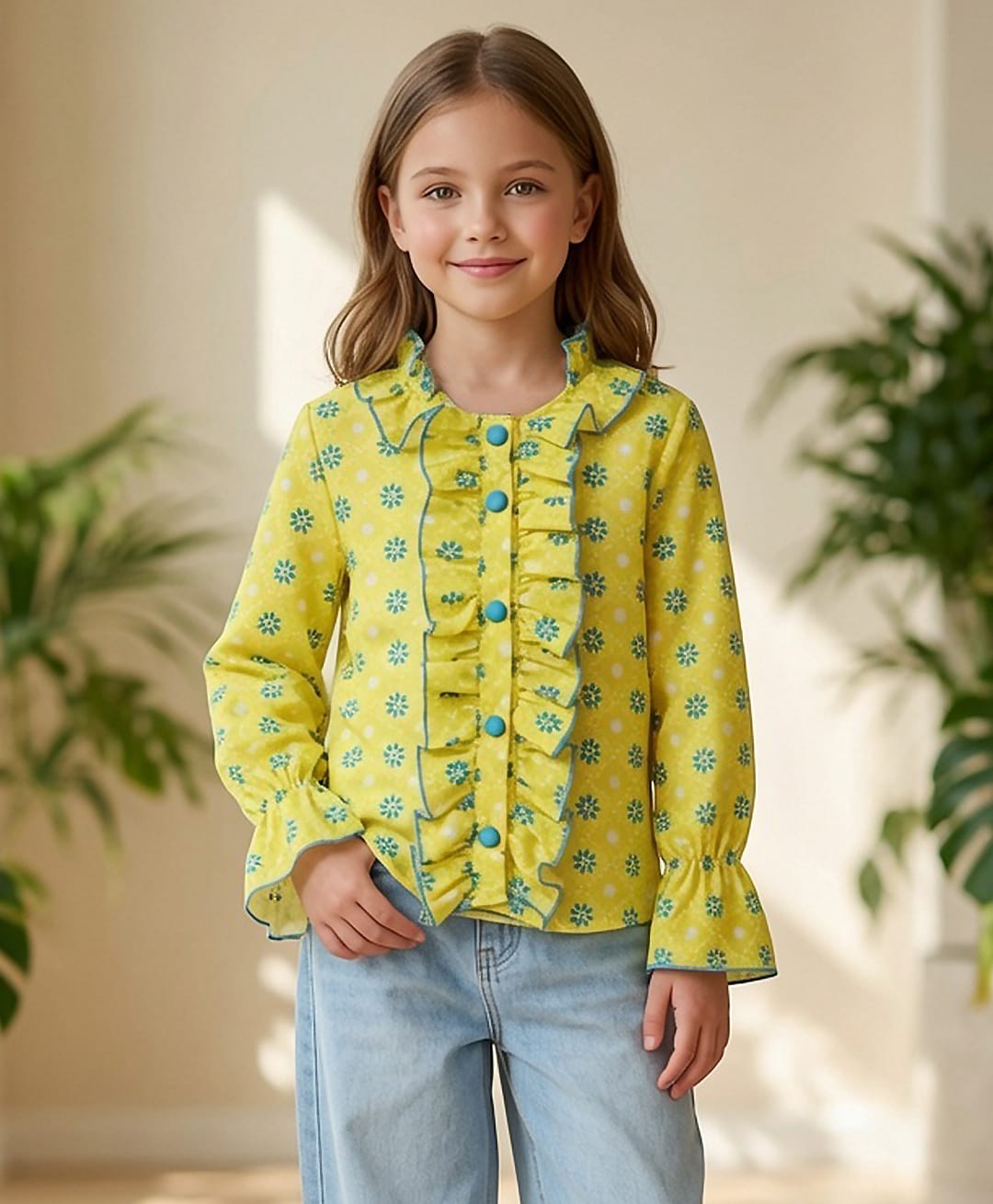Cutiekins Woven Full Sleeves Floral & Polka Dots Printed Frill Detailed Top - Yellow & Green-image-10
