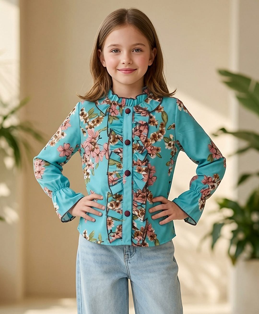 Cutiekins Woven Full Sleeves Floral Printed Frill Detailed Top - Blue & Multi Colour-picture-25