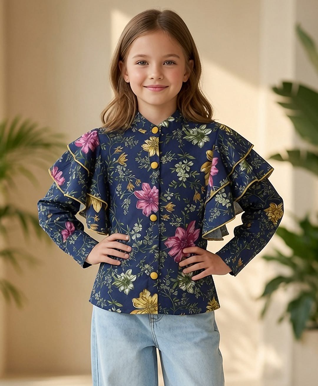 Cutiekins Woven Full Sleeves Floral Printed Frill Detailed Top - Navy Blue & Green-image-44