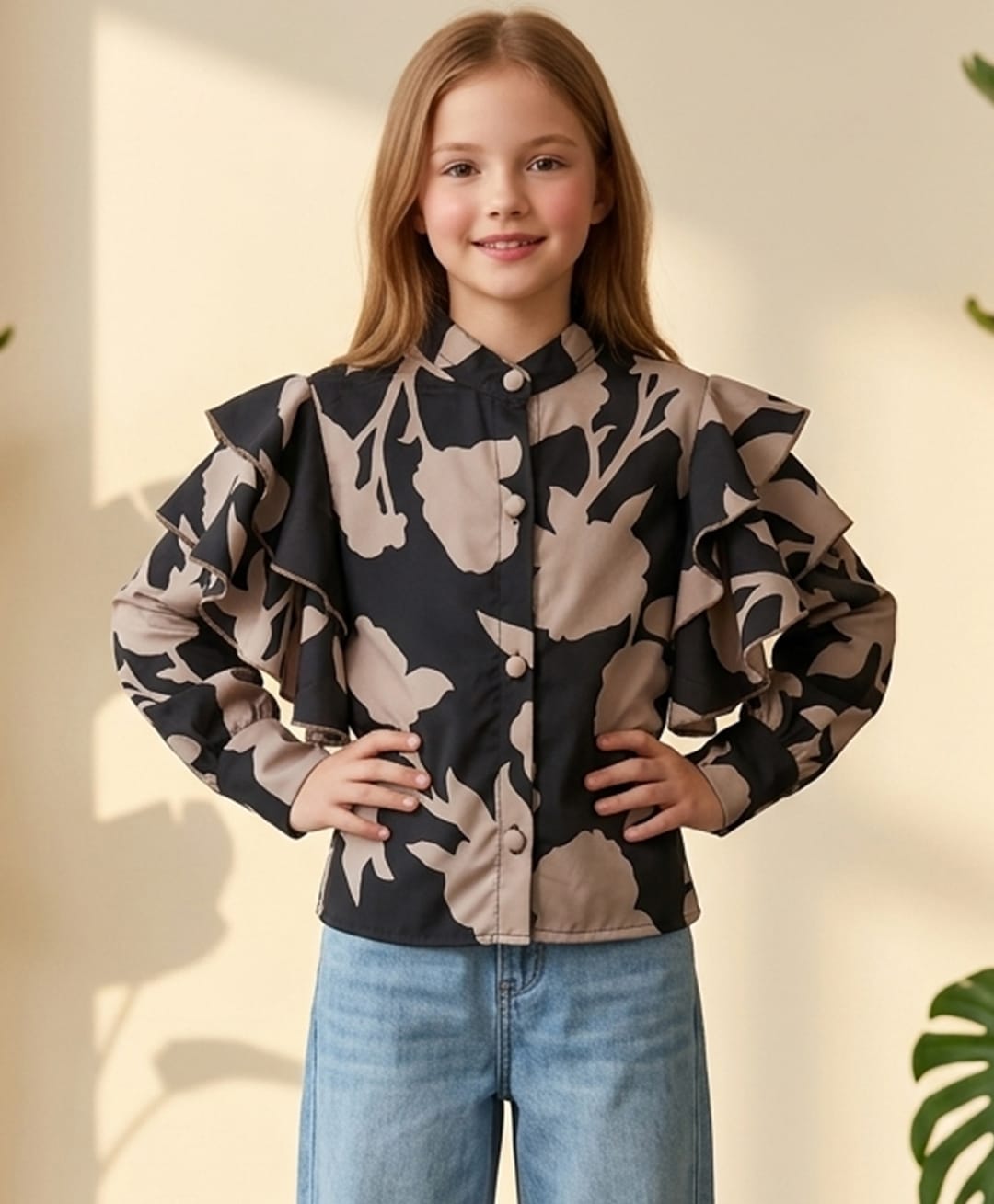 Cutiekins Woven Full Sleeves Floral Printed Frill Detailed Top - Black & Beige-picture-12