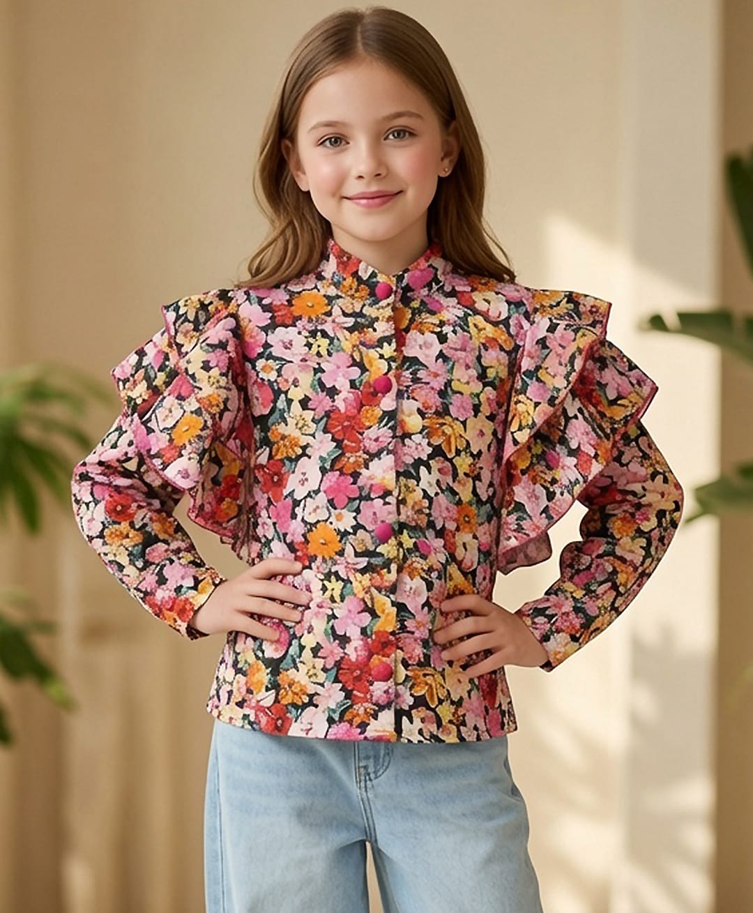 Cutiekins Woven Full Sleeves Floral Printed Frill Detailed Top - Black & Multi Colour-picture-20